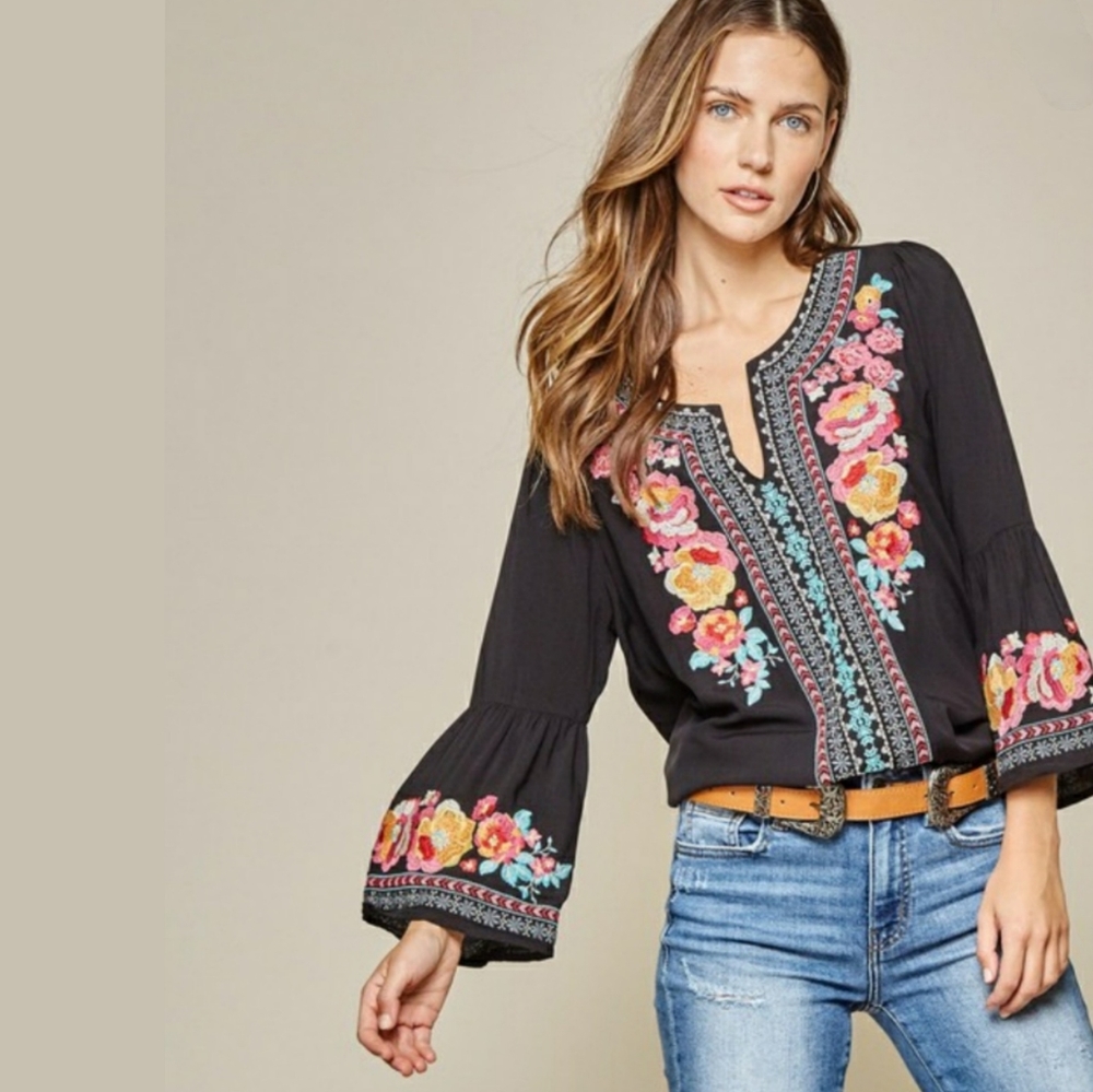 Glam Girl Fashion Black Floral Embroidered Boho Tunic